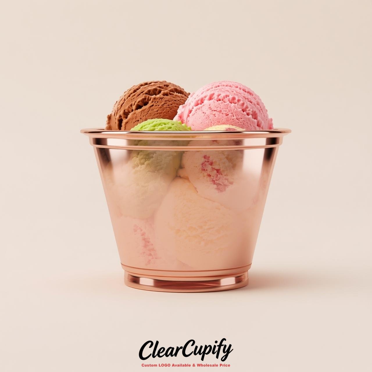 Rose Gold Clear Plastic Ice Cream Cups Wholesale with Custom Logo