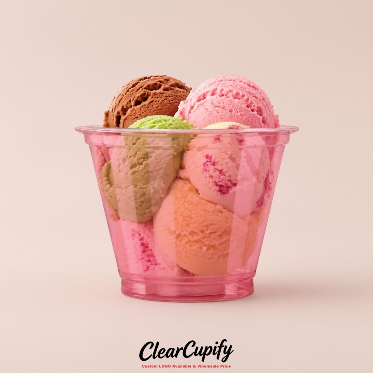 Rose Pink Clear Plastic Ice Cream Cups Wholesale with Custom Logo