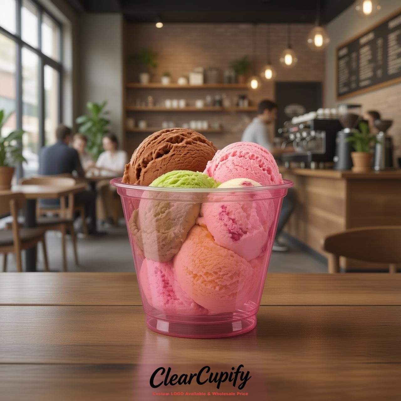 Rose Pink Clear Plastic Ice Cream Cups Wholesale with Custom Logo