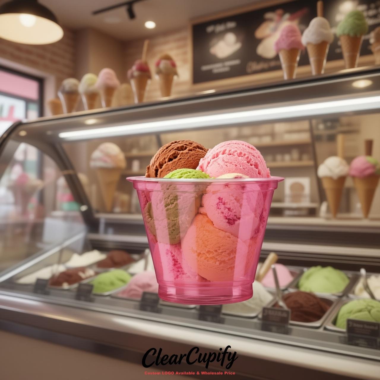 Rose Pink Clear Plastic Ice Cream Cups Wholesale with Custom Logo