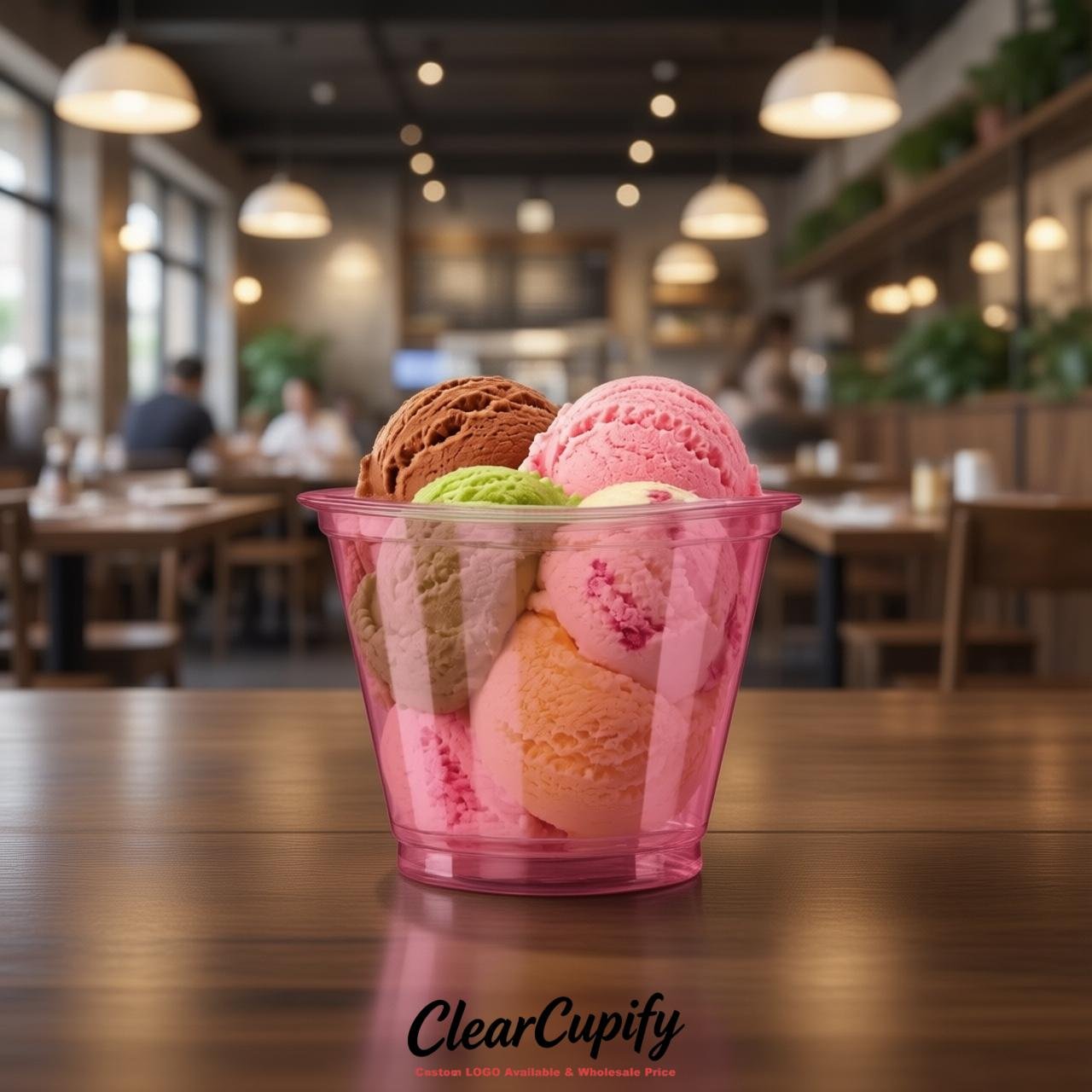 Rose Pink Clear Plastic Ice Cream Cups Wholesale with Custom Logo