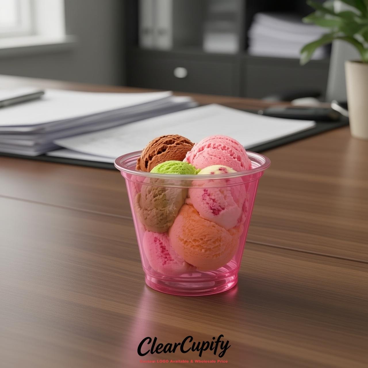 Rose Pink Clear Plastic Ice Cream Cups Wholesale with Custom Logo