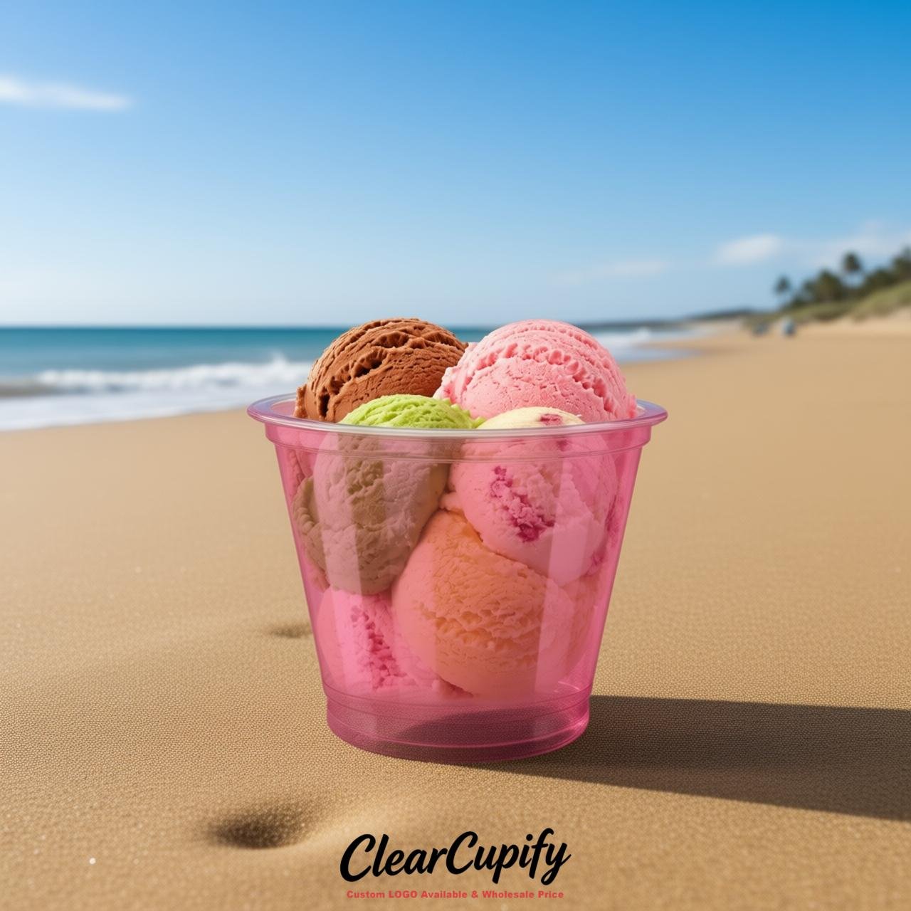 Rose Pink Clear Plastic Ice Cream Cups Wholesale with Custom Logo