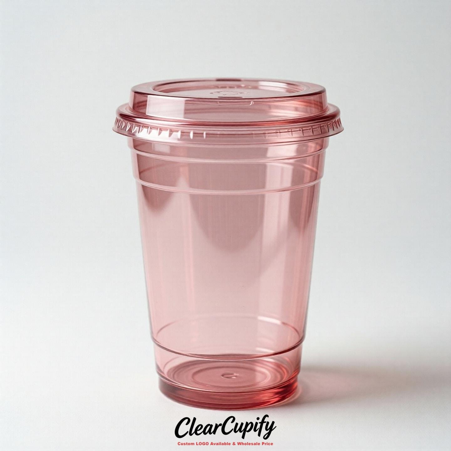 Blank Translucent Rose Pink Clear Plastic Cups with Lids - Choice of PET/PP/PLA