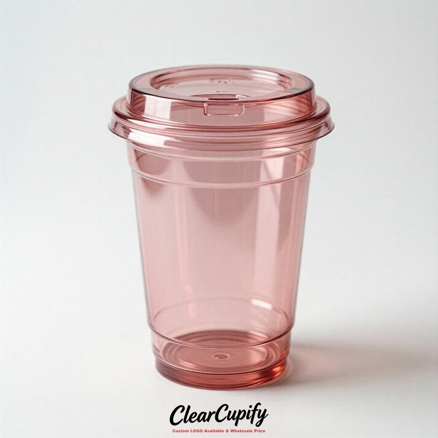 Blank Translucent Rose Pink Clear Plastic Cups with Lids - Choice of PET/PP/PLA