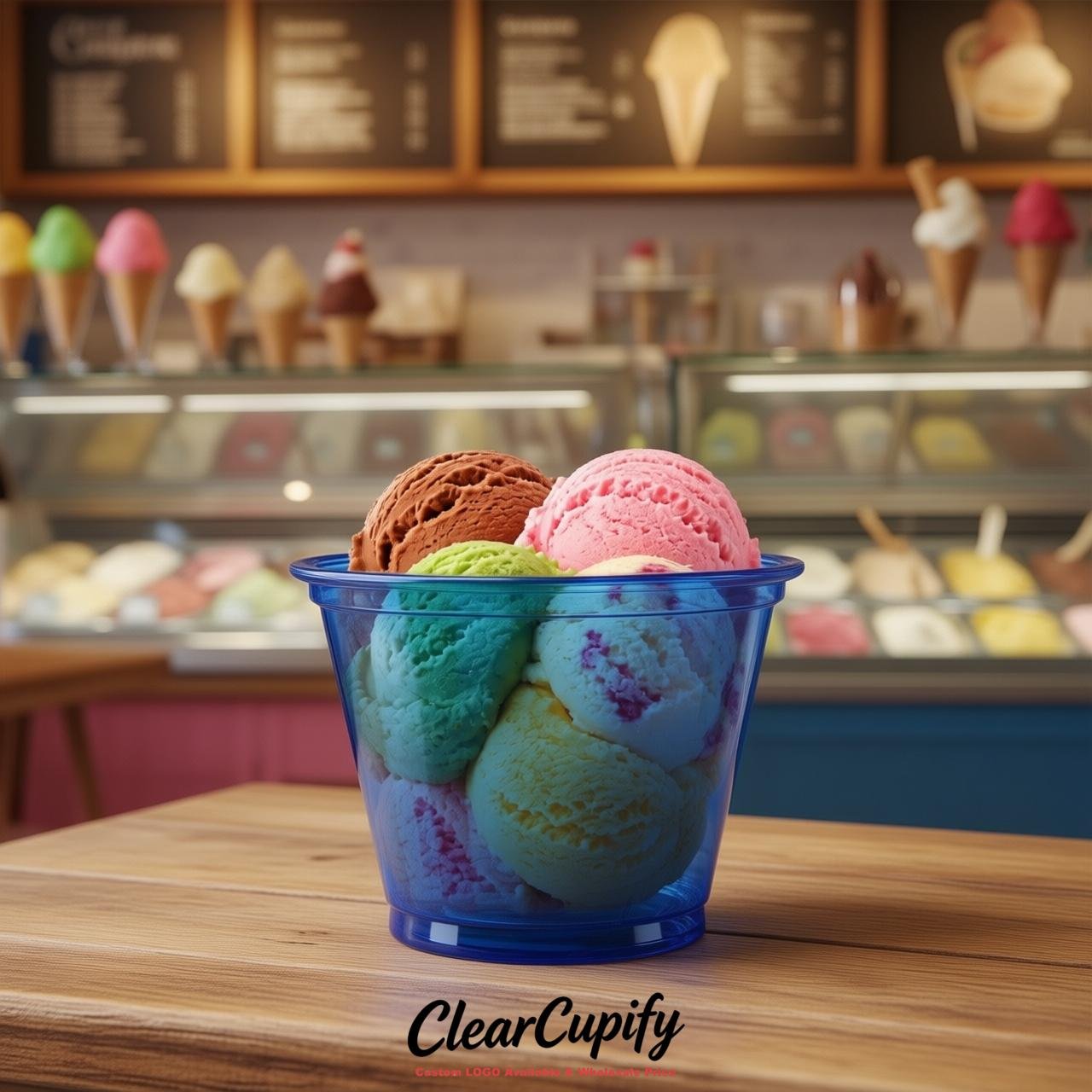 Royal Blue Clear Plastic Ice Cream Cups Wholesale with Custom Logo