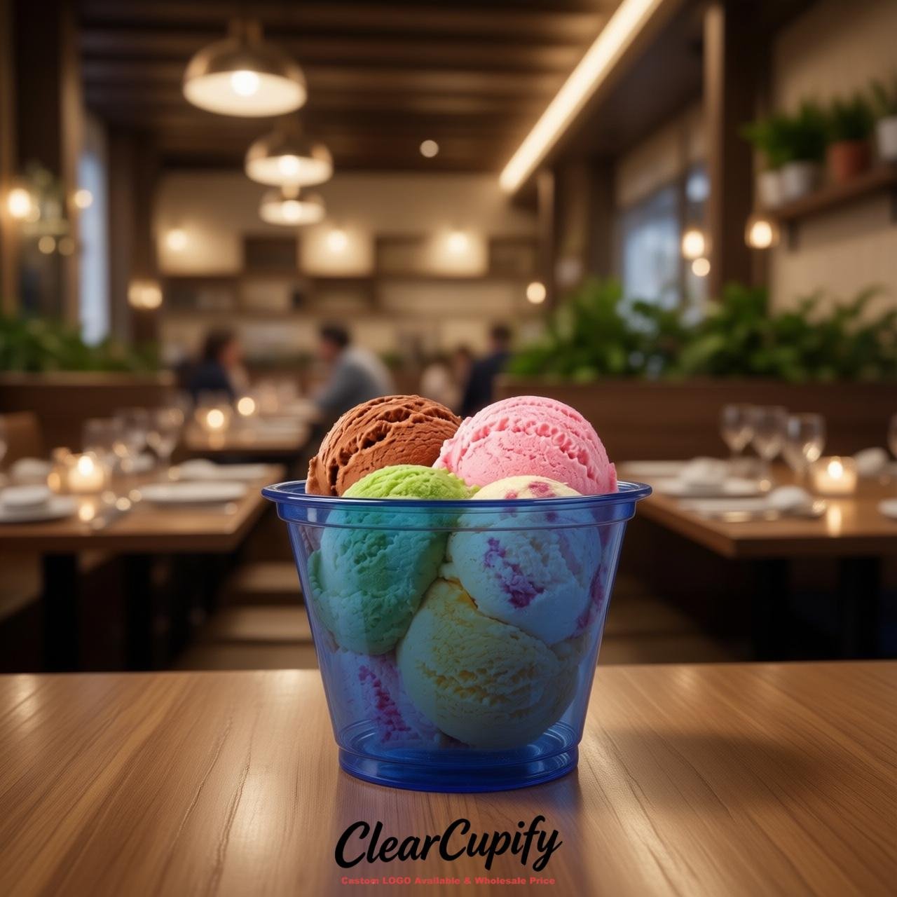 Royal Blue Clear Plastic Ice Cream Cups Wholesale with Custom Logo
