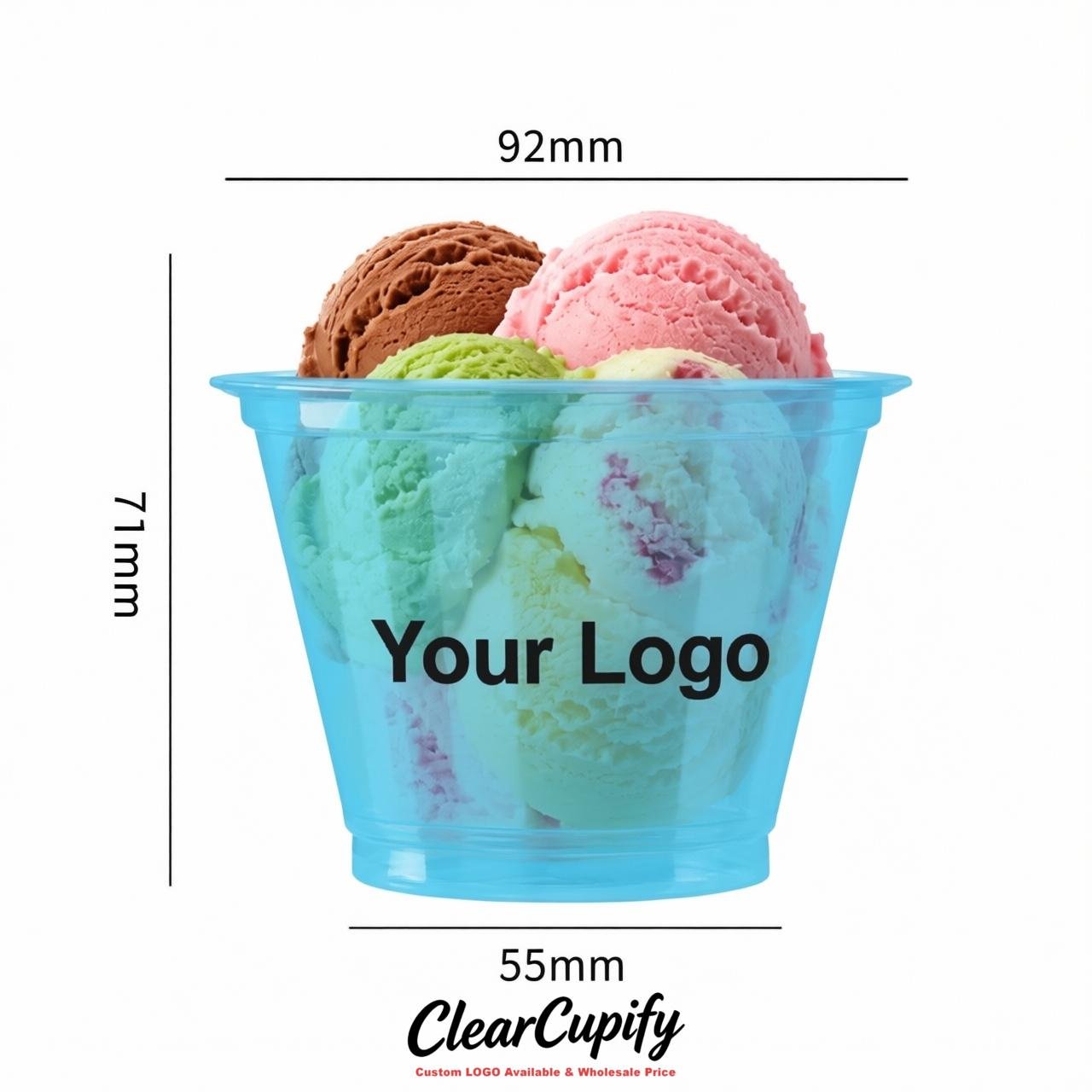 Sky Blue Clear Plastic Ice Cream Cups Wholesale with Custom Logo
