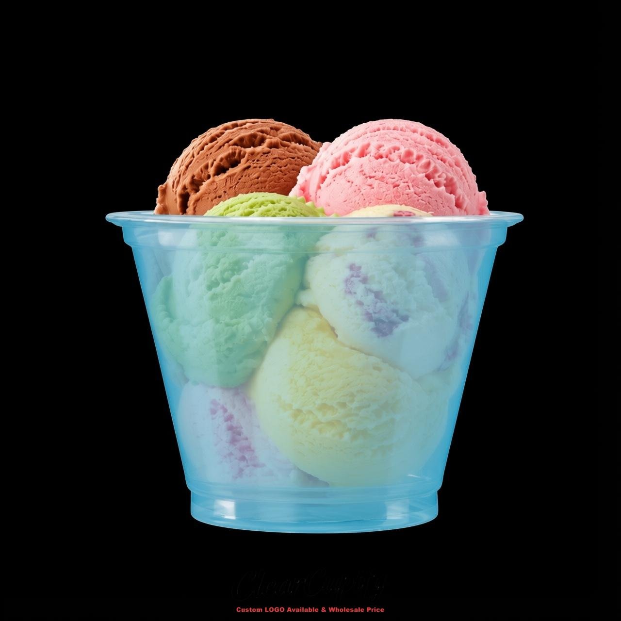 Sky Blue Clear Plastic Ice Cream Cups Wholesale with Custom Logo