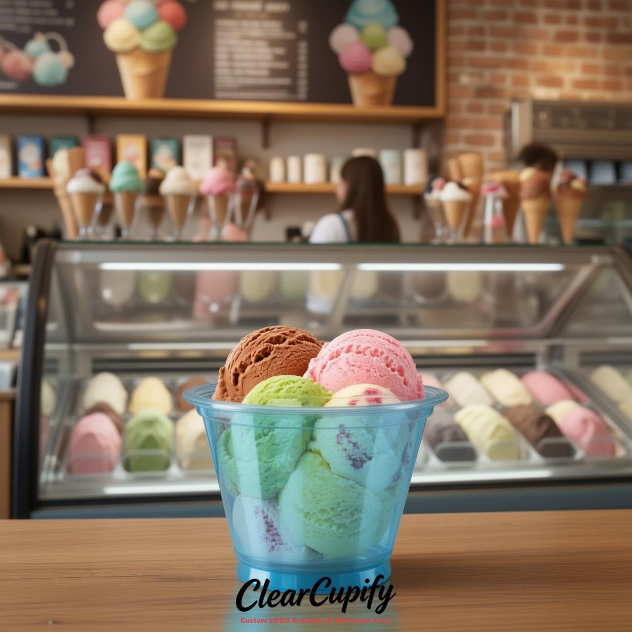 Sky Blue Clear Plastic Ice Cream Cups Wholesale with Custom Logo