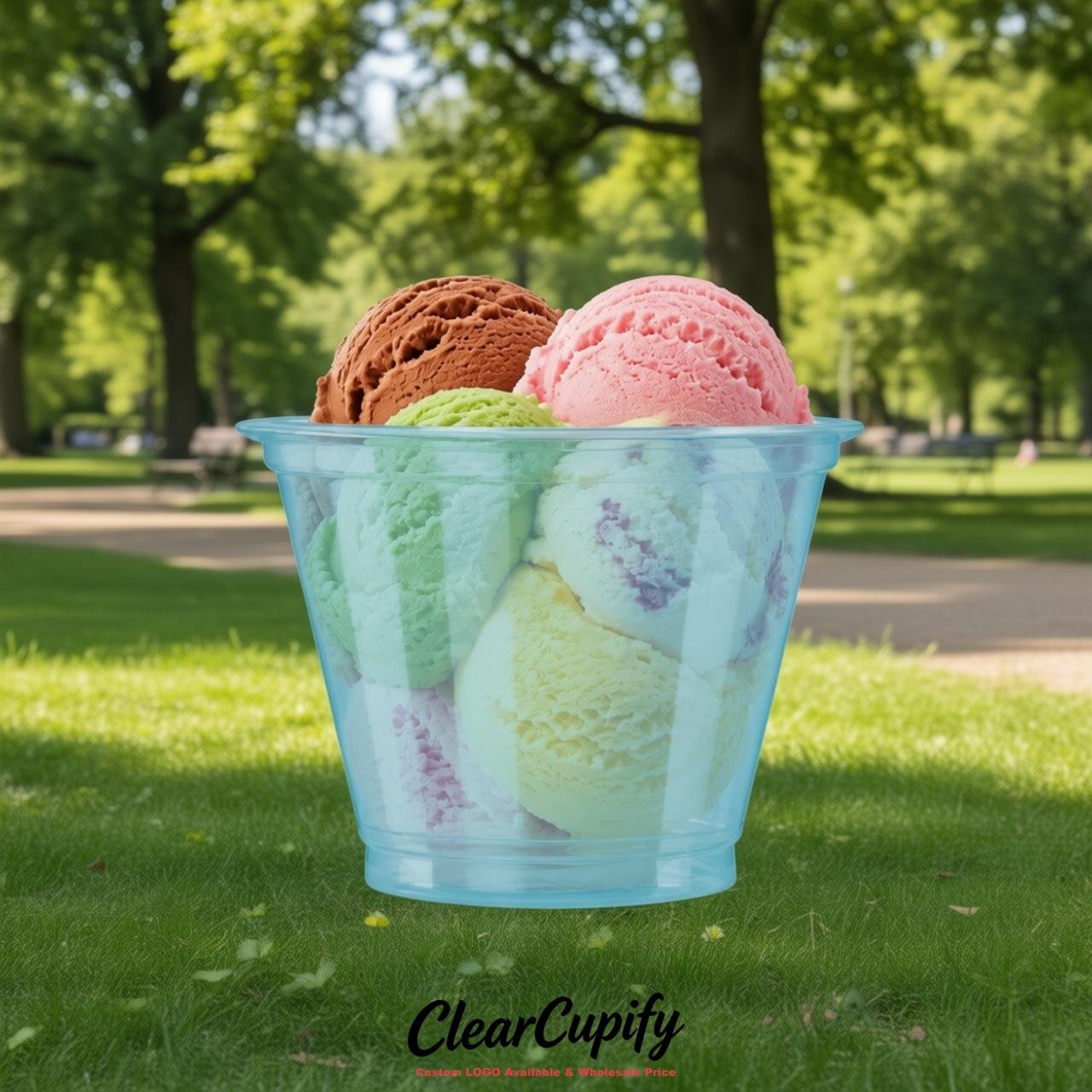 Sky Blue Clear Plastic Ice Cream Cups Wholesale with Custom Logo