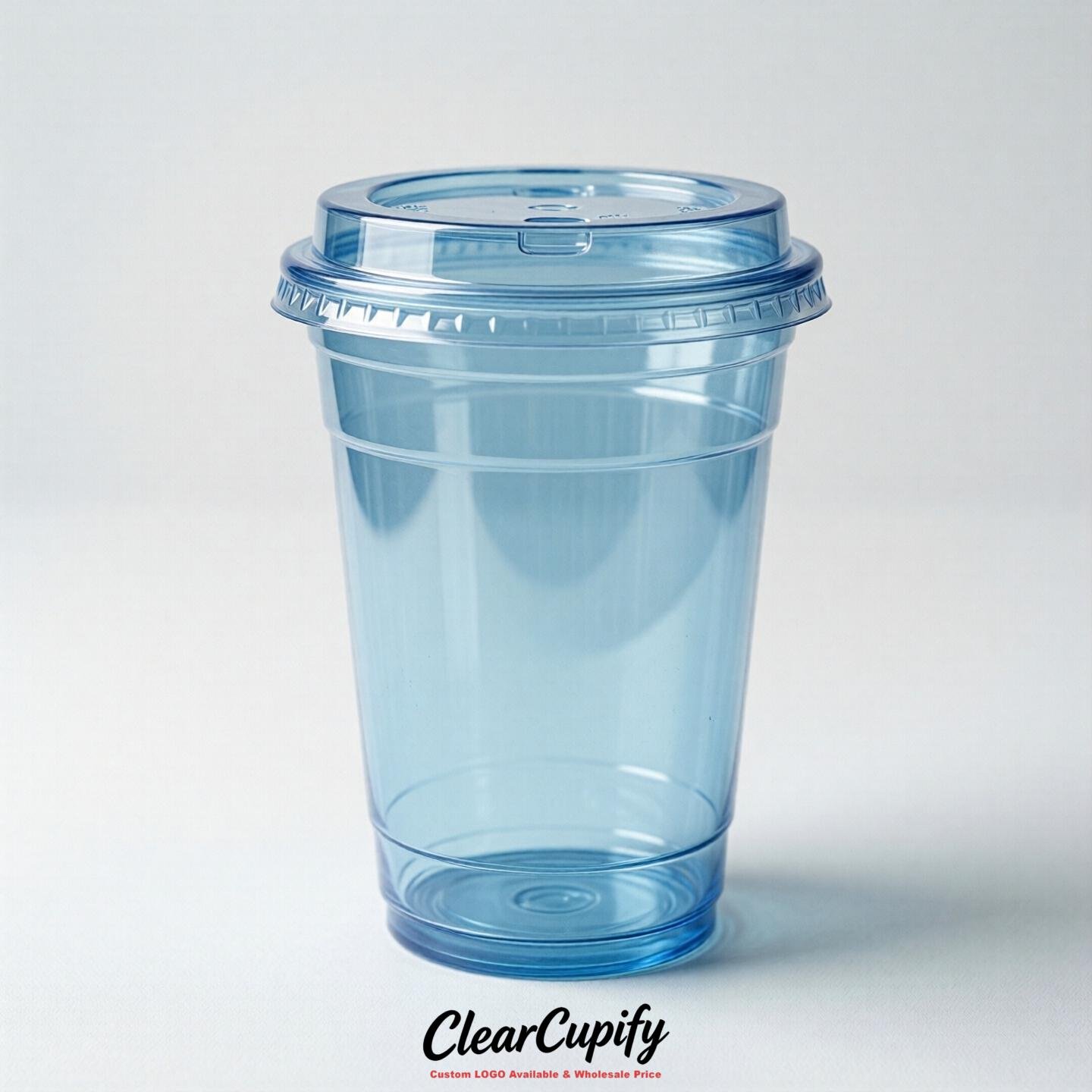 Blank Translucent Sky Blue Clear Plastic Cups with Lids - Choice of PET/PP/PLA