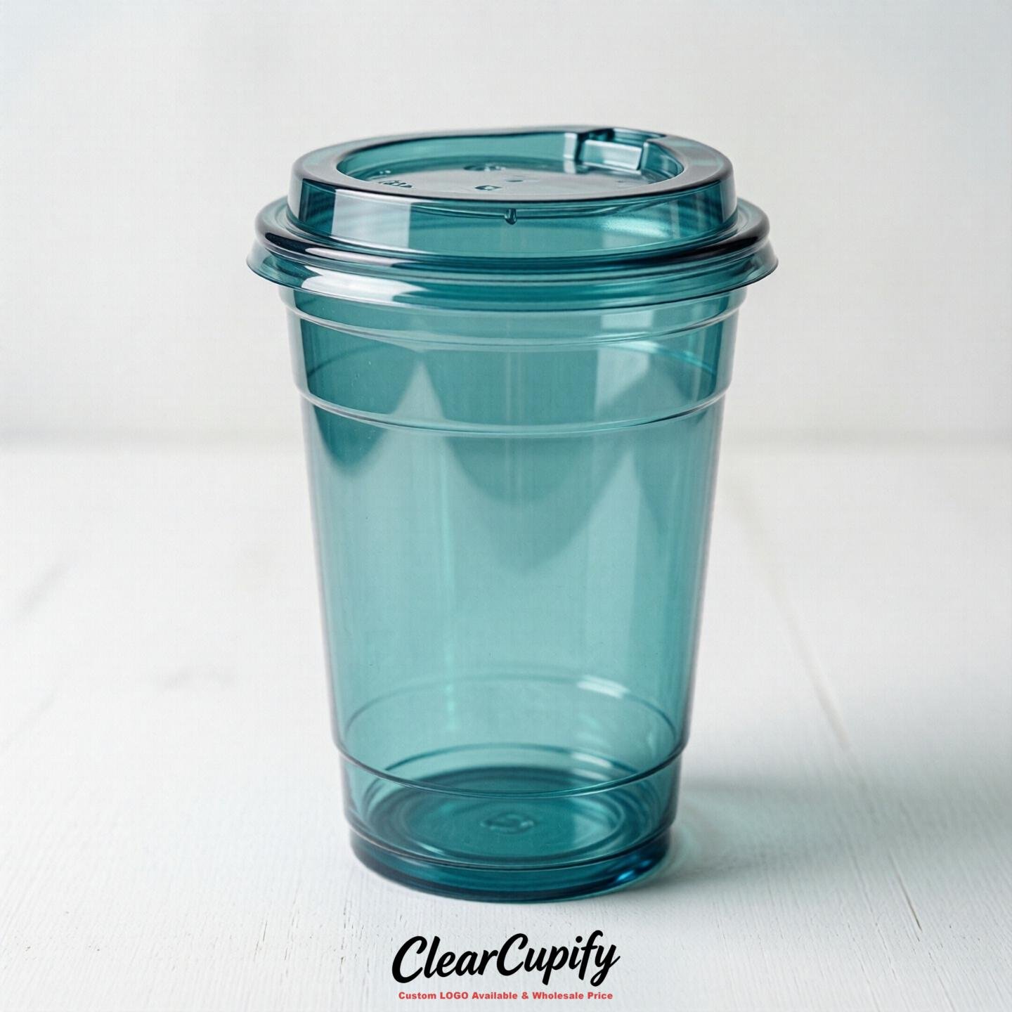 Blank Translucent Teal Clear Plastic Cups with Lids - Choice of PET/PP/PLA