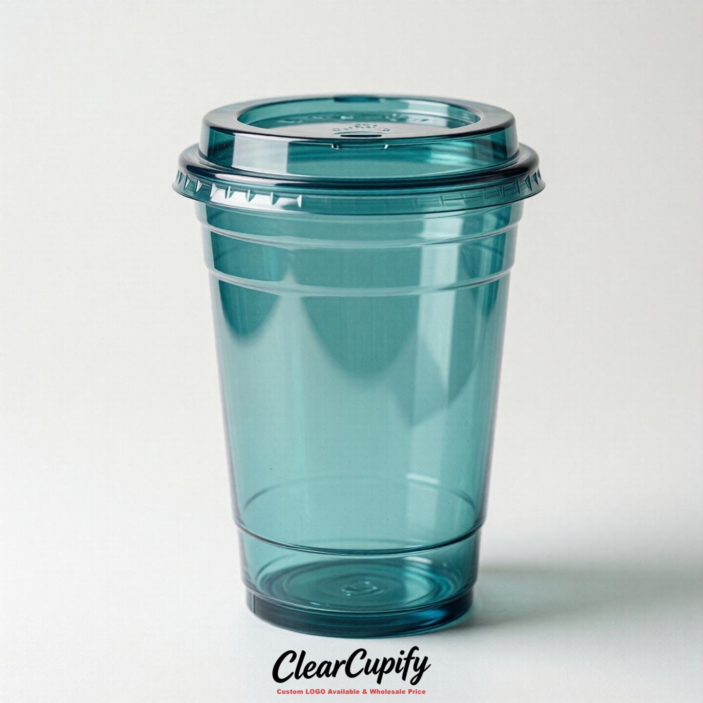 Blank Translucent Teal Clear Plastic Cups with Lids - Choice of PET/PP/PLA