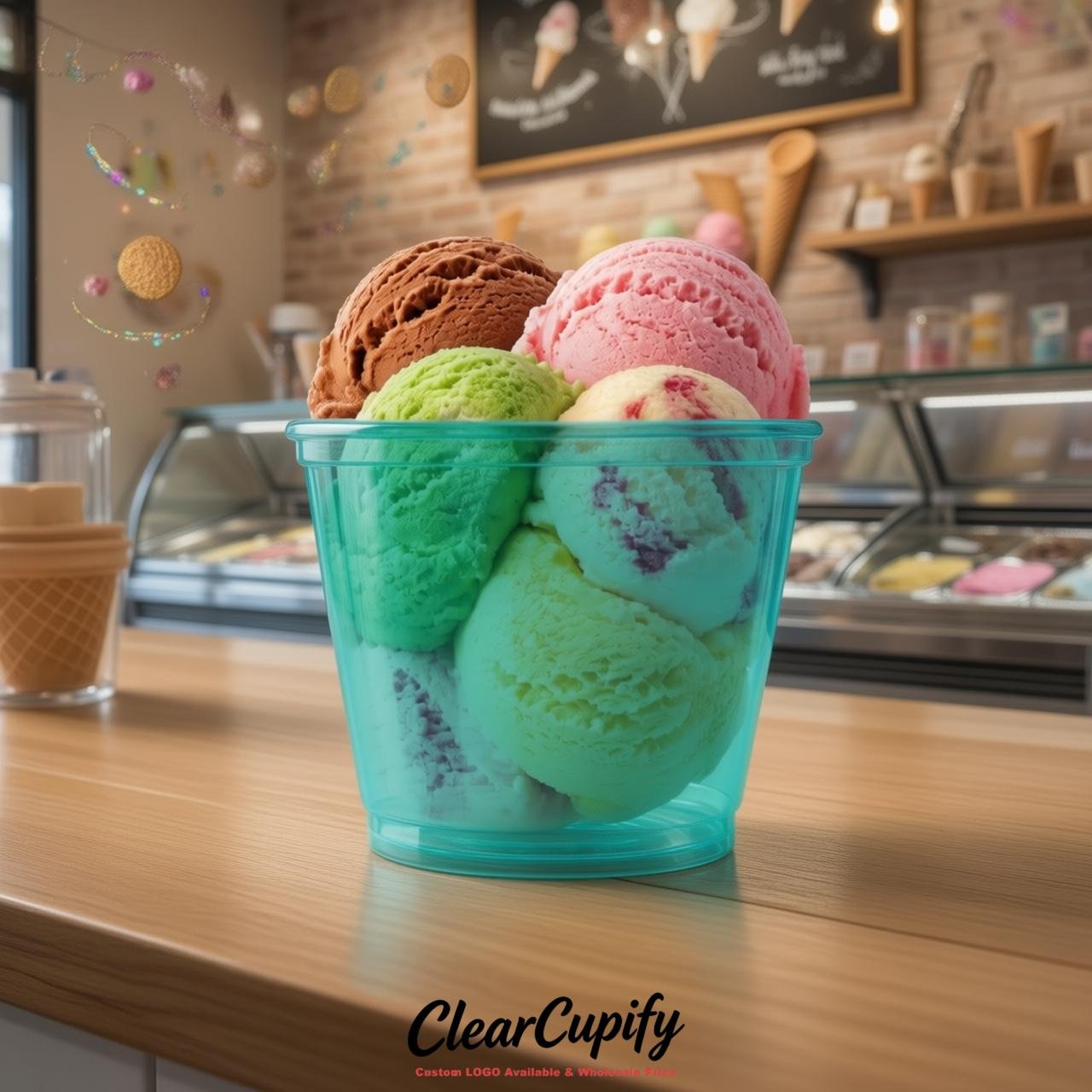 Turquoise Clear Plastic Ice Cream Cups Wholesale with Custom Logo