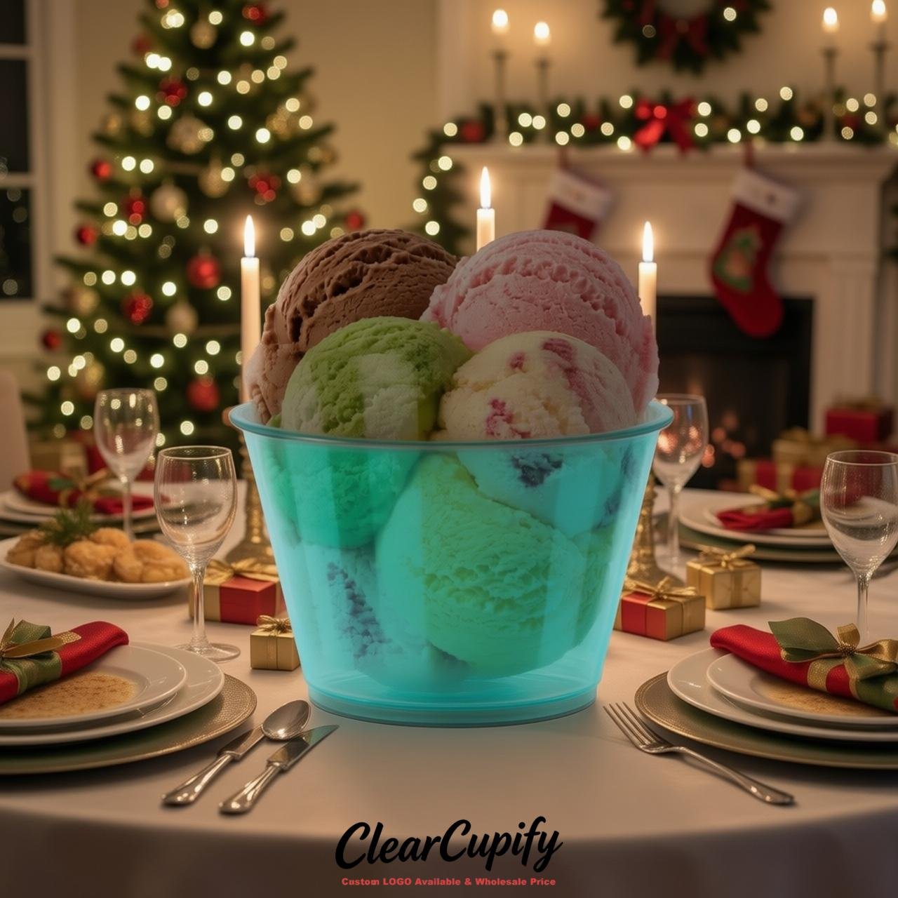 Turquoise Clear Plastic Ice Cream Cups Wholesale with Custom Logo