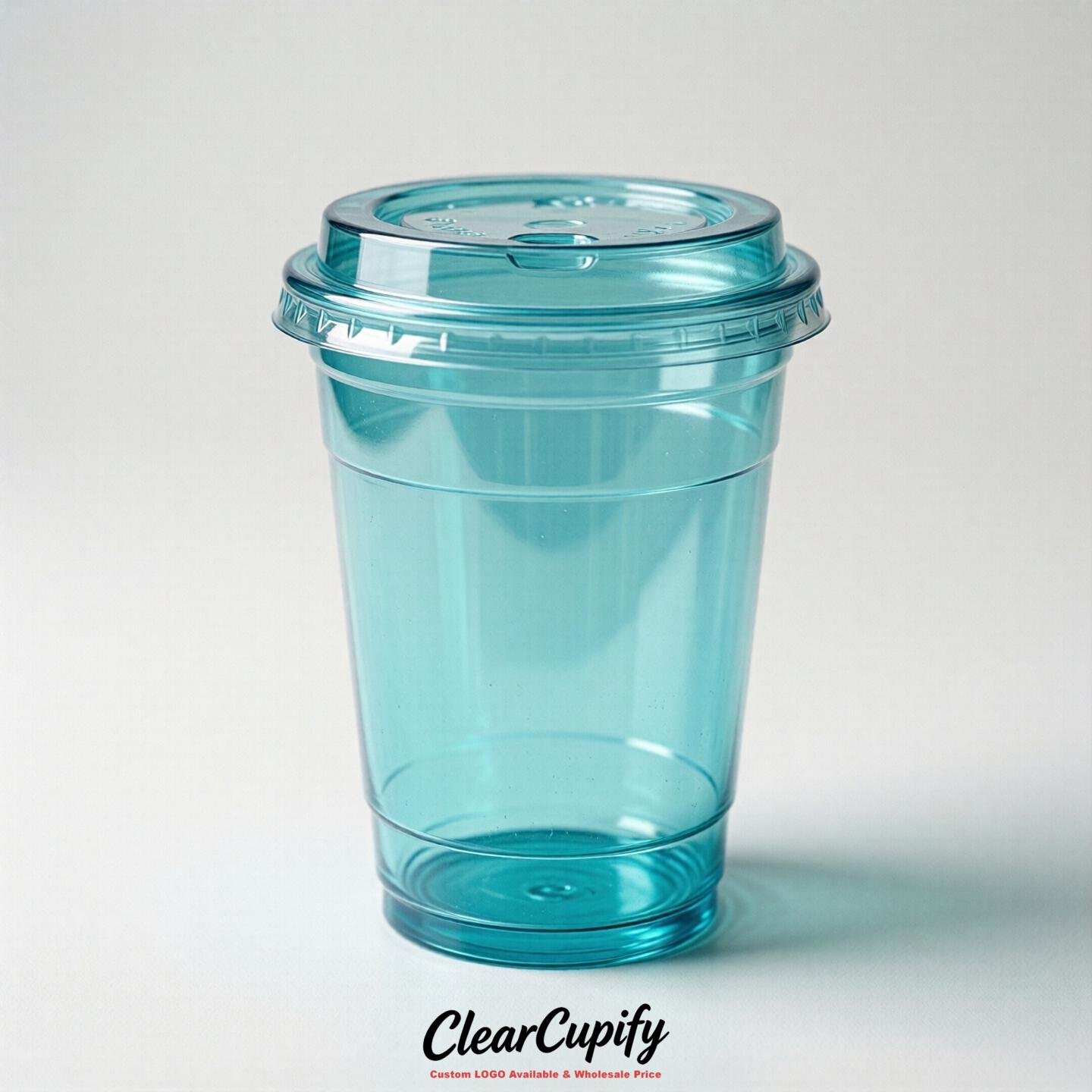 Blank Translucent Turquoise Clear Plastic Cups with Lids - Choice of PET/PP/PLA