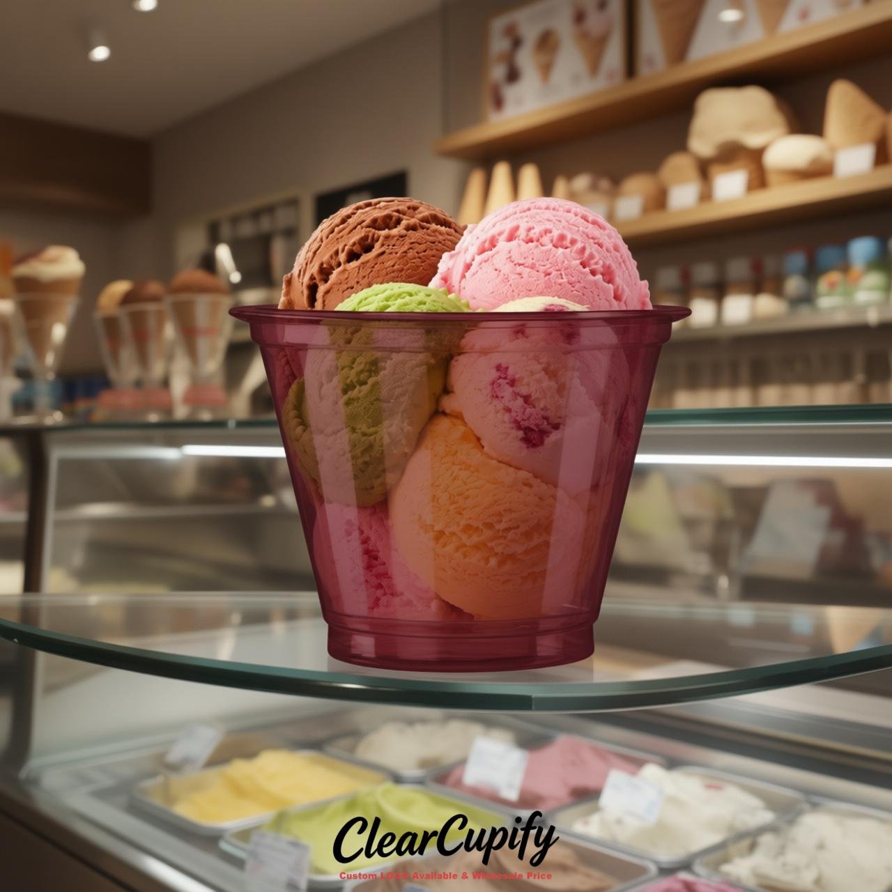 Wine Red Clear Plastic Ice Cream Cups Wholesale with Custom Logo