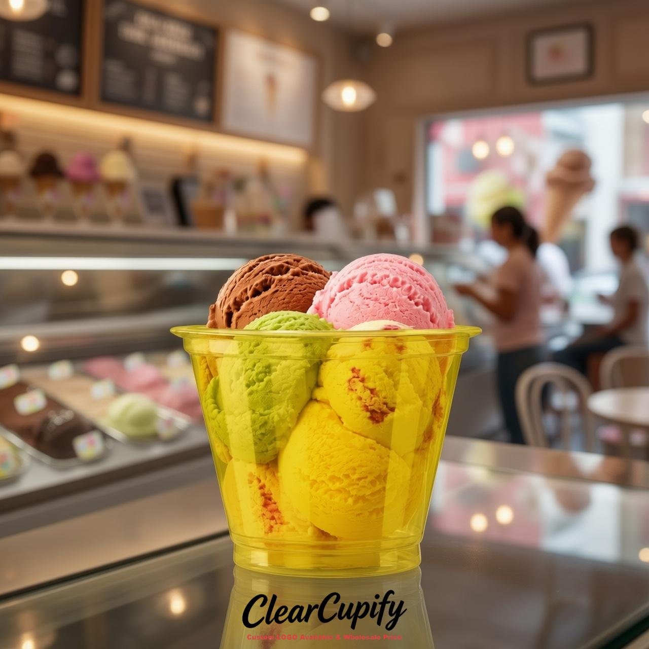 Yellow Clear Plastic Ice Cream Cups Wholesale with Custom Logo