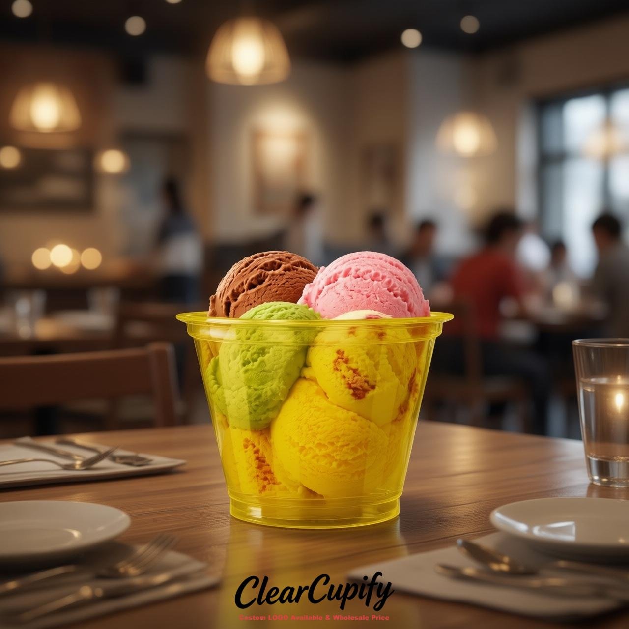 Yellow Clear Plastic Ice Cream Cups Wholesale with Custom Logo