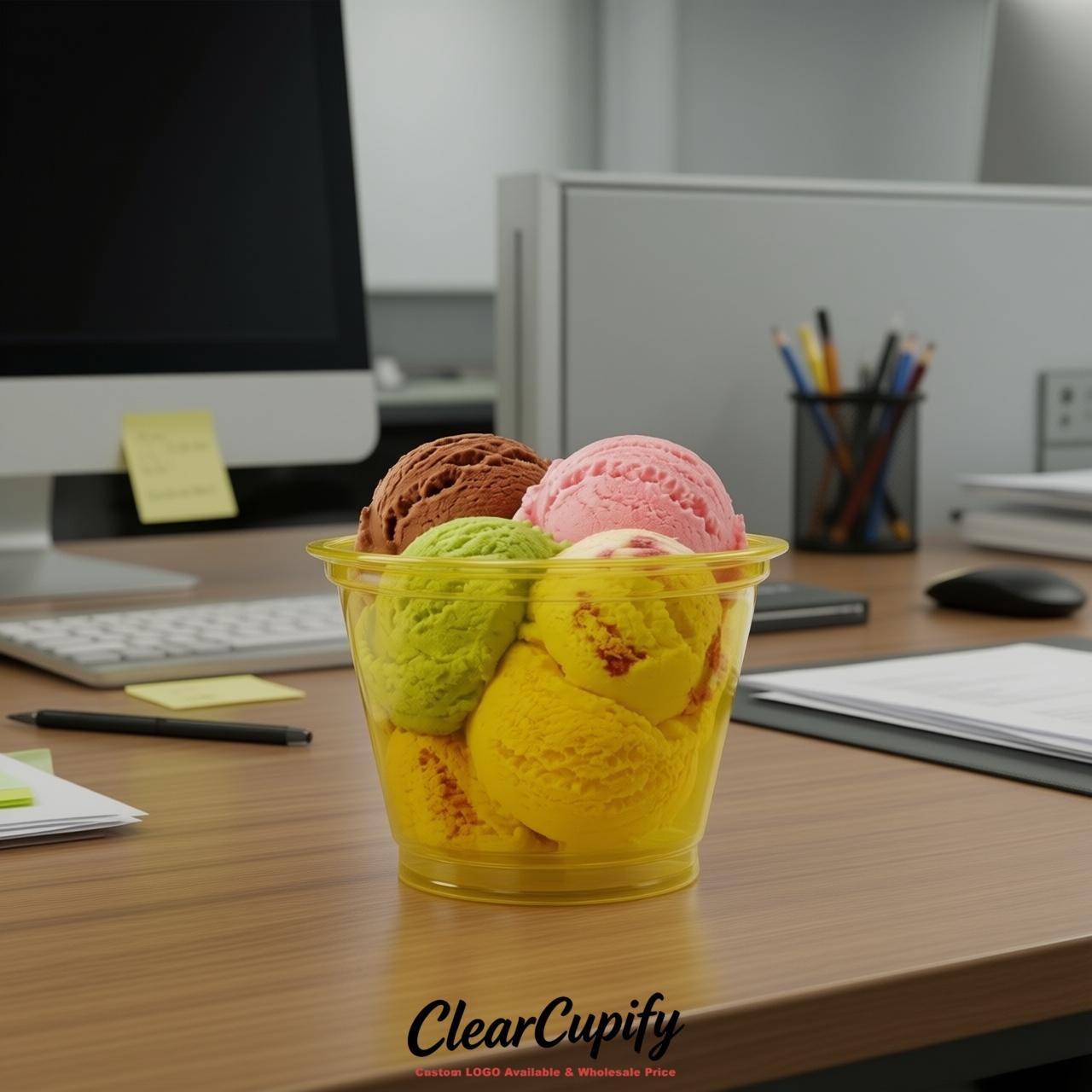 Yellow Clear Plastic Ice Cream Cups Wholesale with Custom Logo