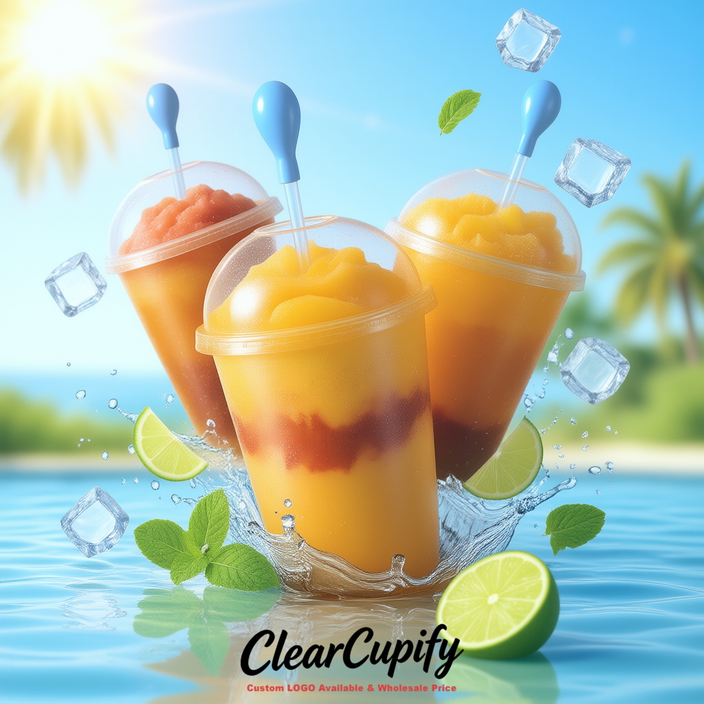 Amber 16 oz Plastic Slushie Cups with Dome Lid & Detachable Spoon Straws for Milkshake, Boba, Smoothies, Iced Coffee