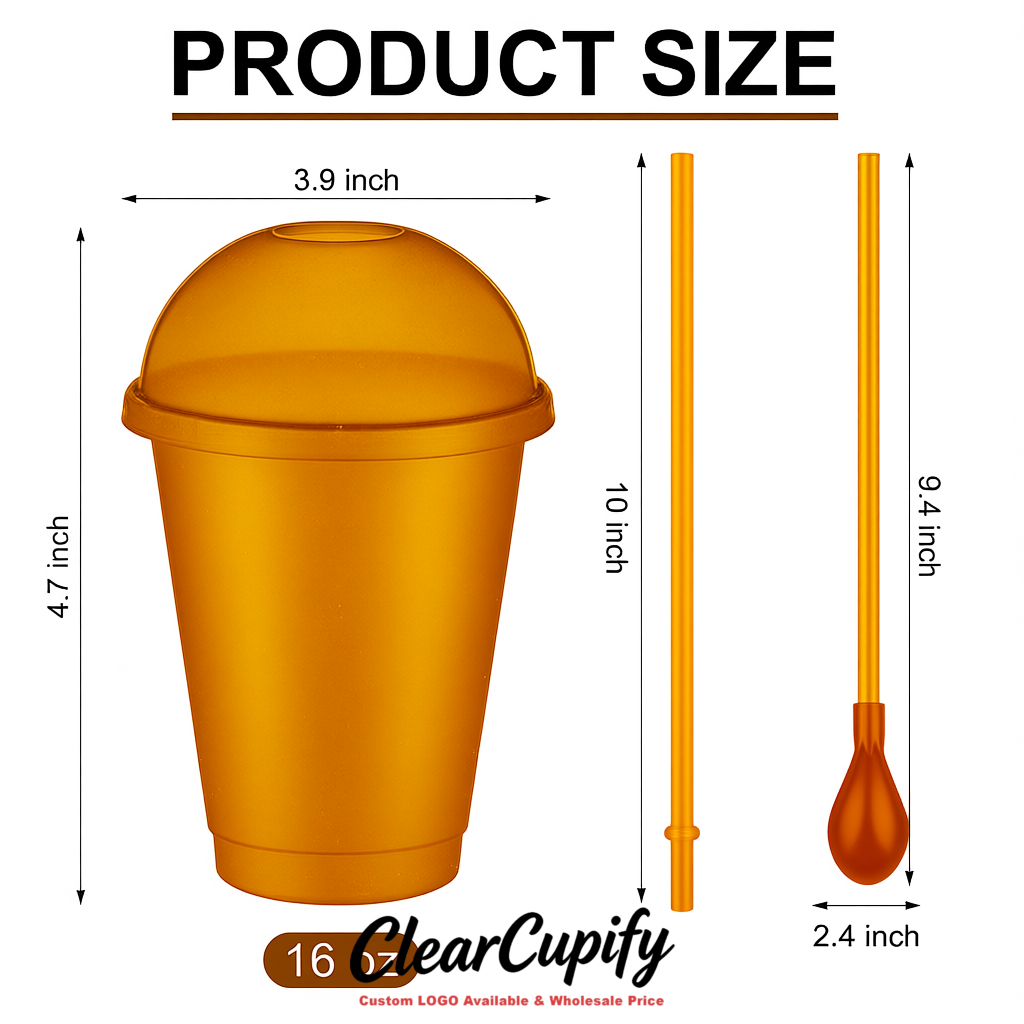Amber 16 oz Plastic Slushie Cups with Dome Lid & Detachable Spoon Straws for Milkshake, Boba, Smoothies, Iced Coffee