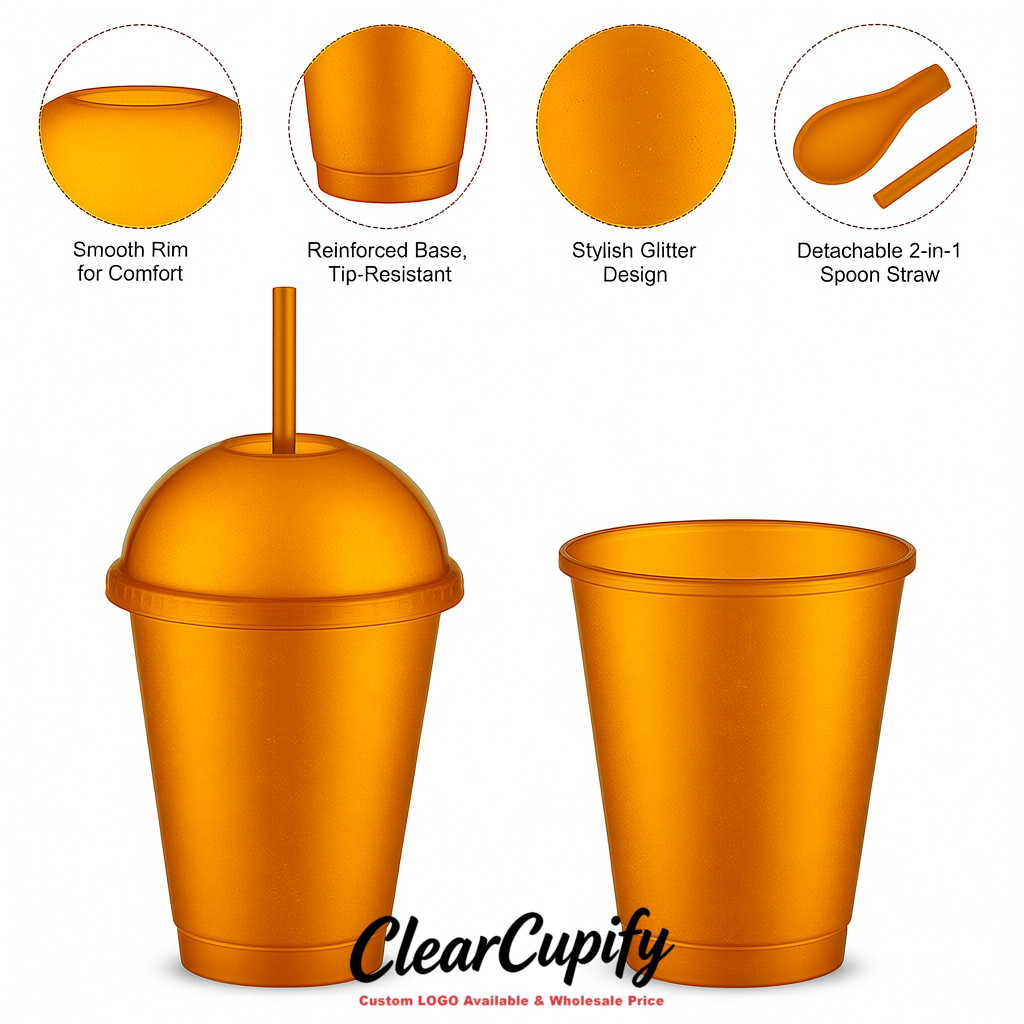 Amber 16 oz Plastic Slushie Cups with Dome Lid & Detachable Spoon Straws for Milkshake, Boba, Smoothies, Iced Coffee