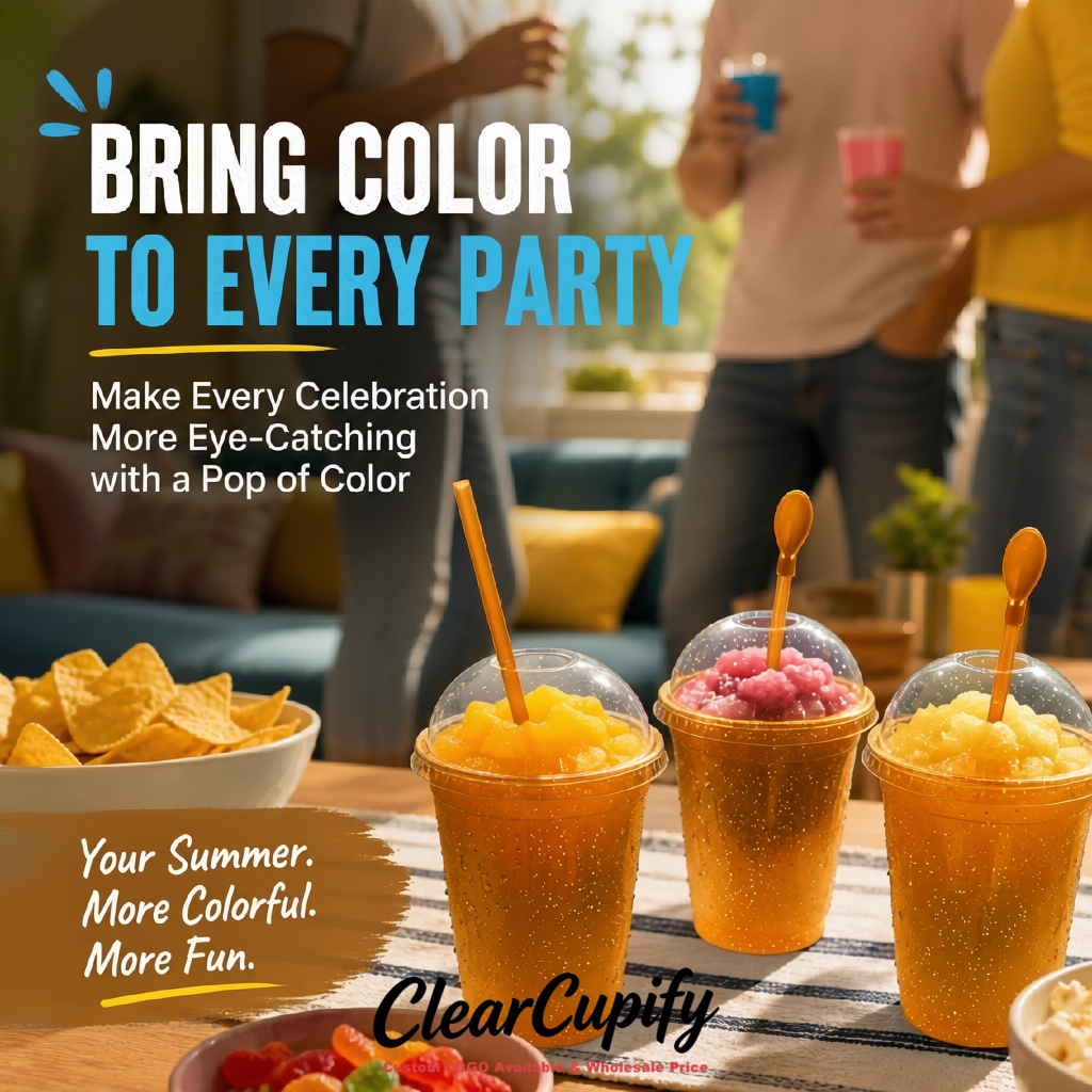 Amber 16 oz Plastic Slushie Cups with Dome Lid & Detachable Spoon Straws for Milkshake, Boba, Smoothies, Iced Coffee