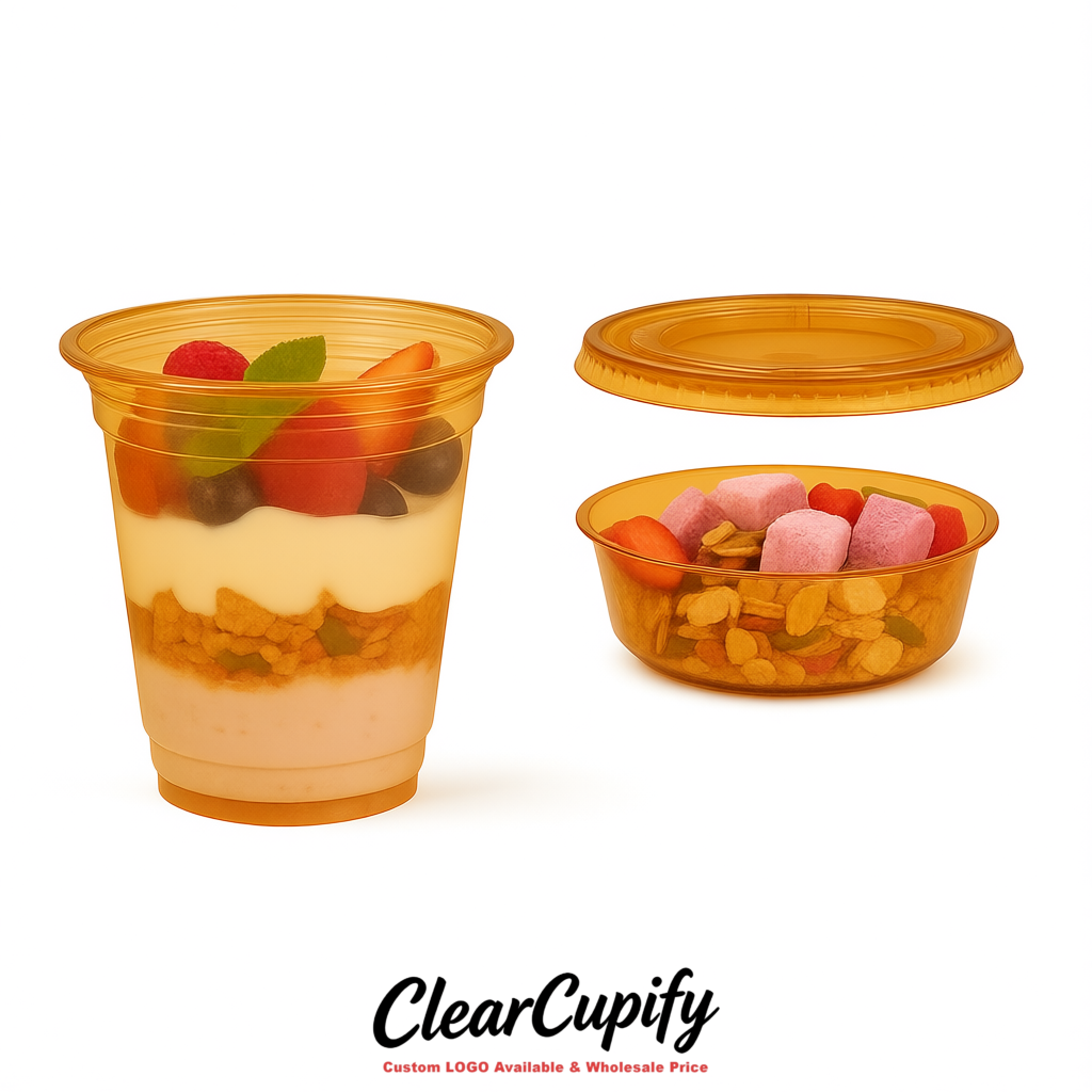 Amber 12 oz Disposable Plastic Parfait Cups with Insert & Flat lids 3.85 x 2.1 x 4 inches