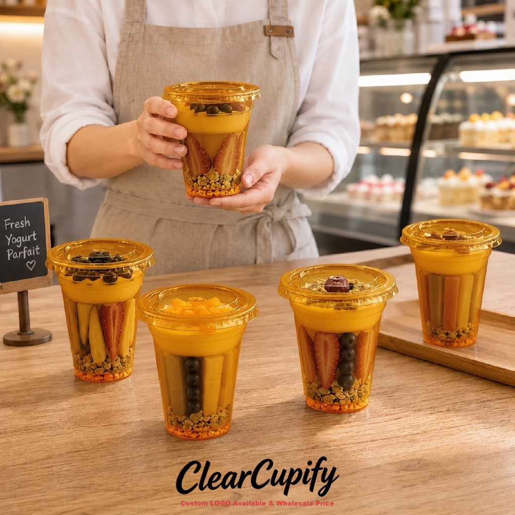 Amber 12 oz Disposable Plastic Parfait Cups with Insert & Flat lids 3.85 x 2.1 x 4 inches