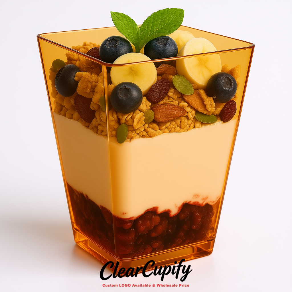 Wholesale Amber 5 oz Square Clear Plastic Dessert Cups with Spoons for Appetizers, Puddings, Mousse, Parfait