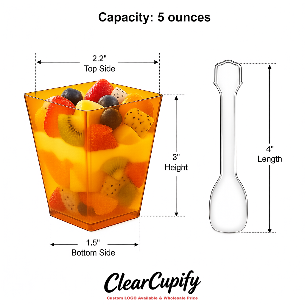 Wholesale Amber 5 oz Square Clear Plastic Dessert Cups with Spoons for Appetizers, Puddings, Mousse, Parfait