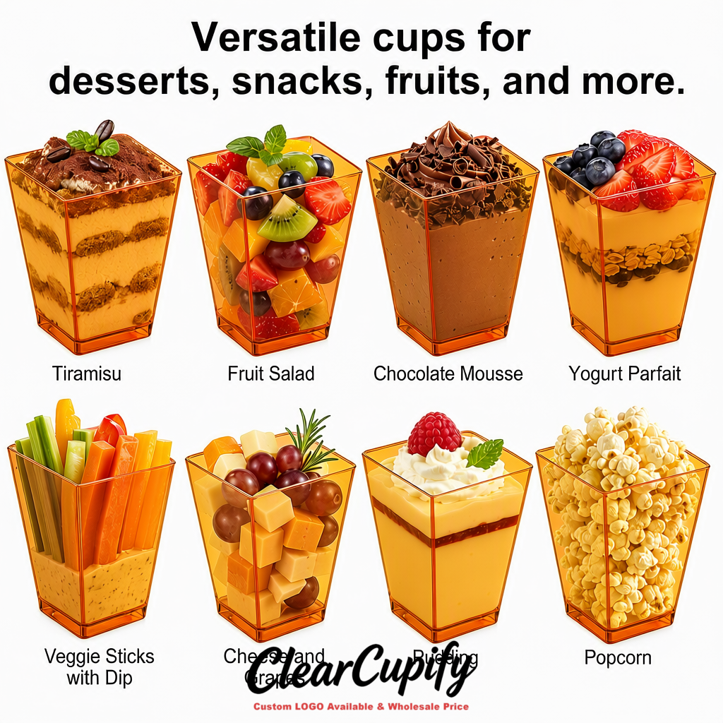 Wholesale Amber 5 oz Square Clear Plastic Dessert Cups with Spoons for Appetizers, Puddings, Mousse, Parfait