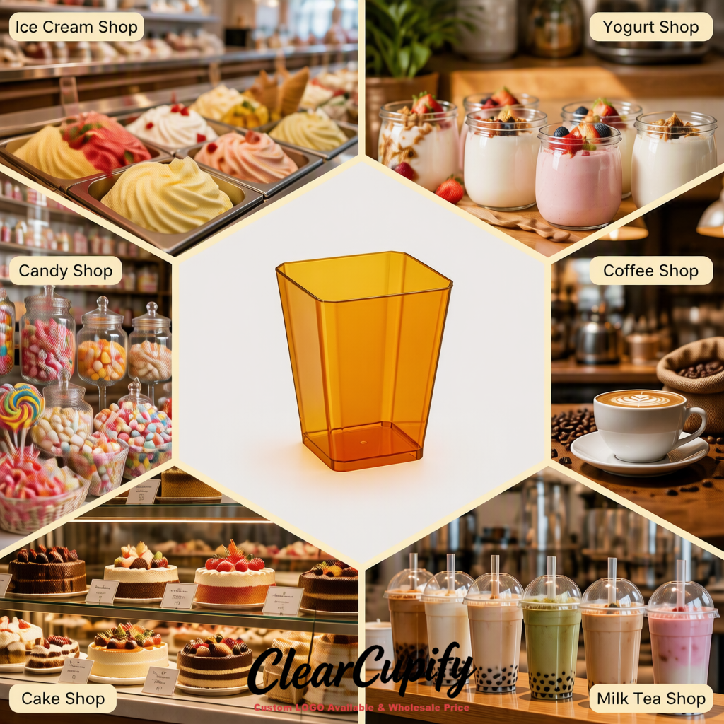 Wholesale Amber 5 oz Square Clear Plastic Dessert Cups with Spoons for Appetizers, Puddings, Mousse, Parfait