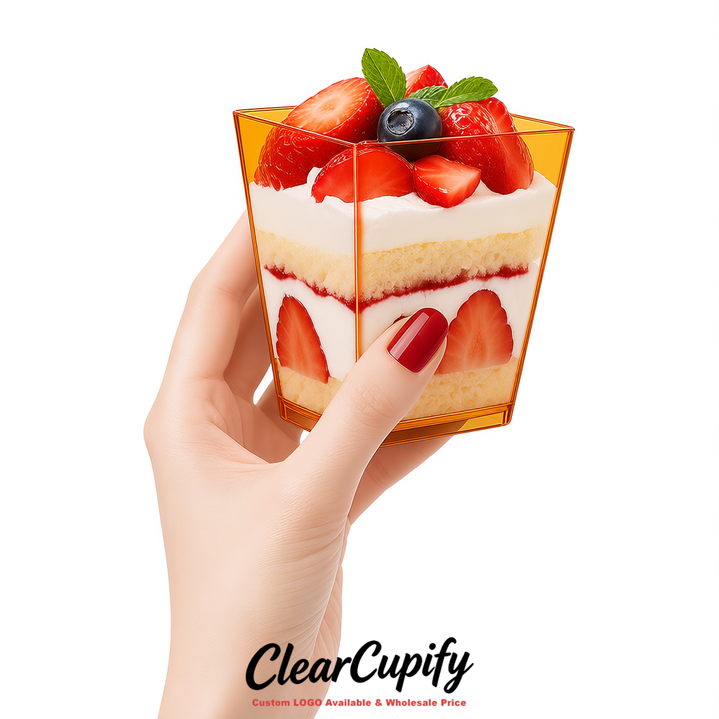 Wholesale Amber 5 oz Square Clear Plastic Dessert Cups with Spoons for Appetizers, Puddings, Mousse, Parfait