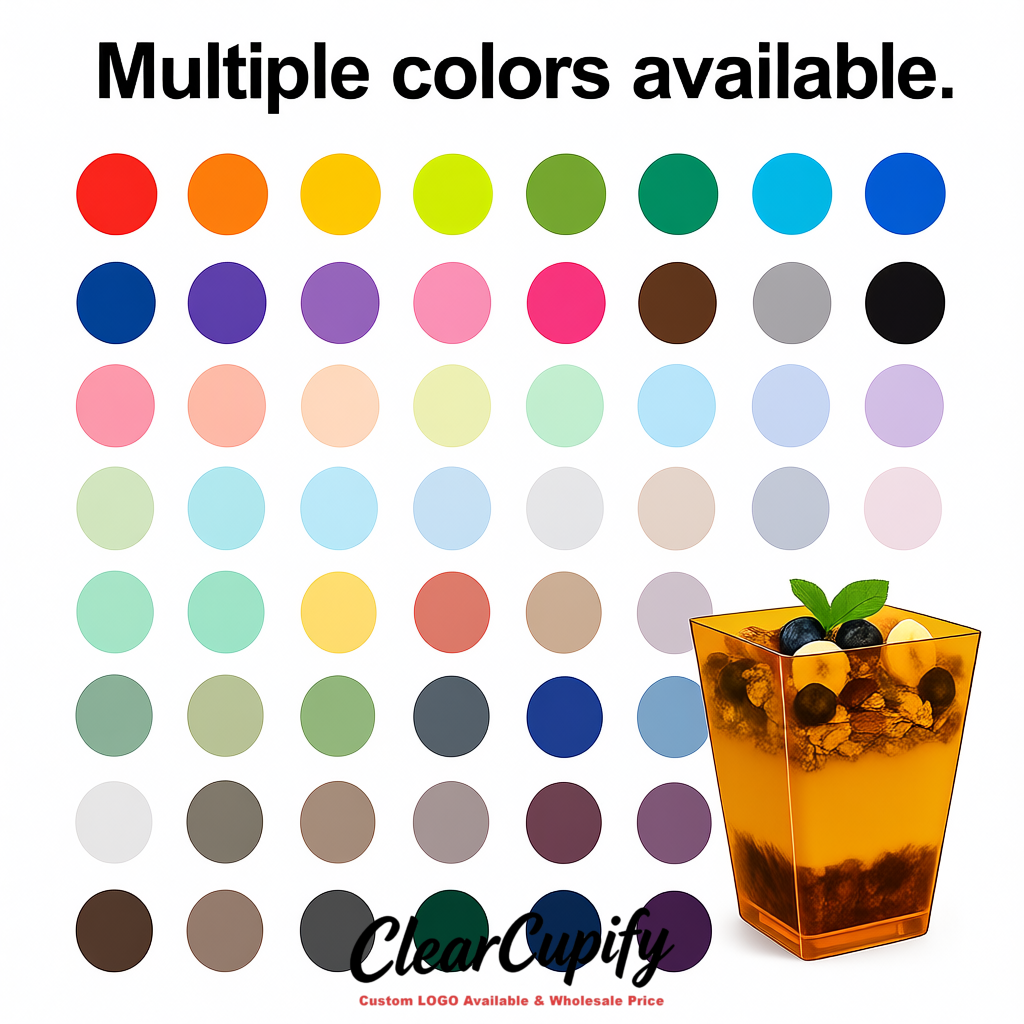 Wholesale Amber 5 oz Square Clear Plastic Dessert Cups with Spoons for Appetizers, Puddings, Mousse, Parfait