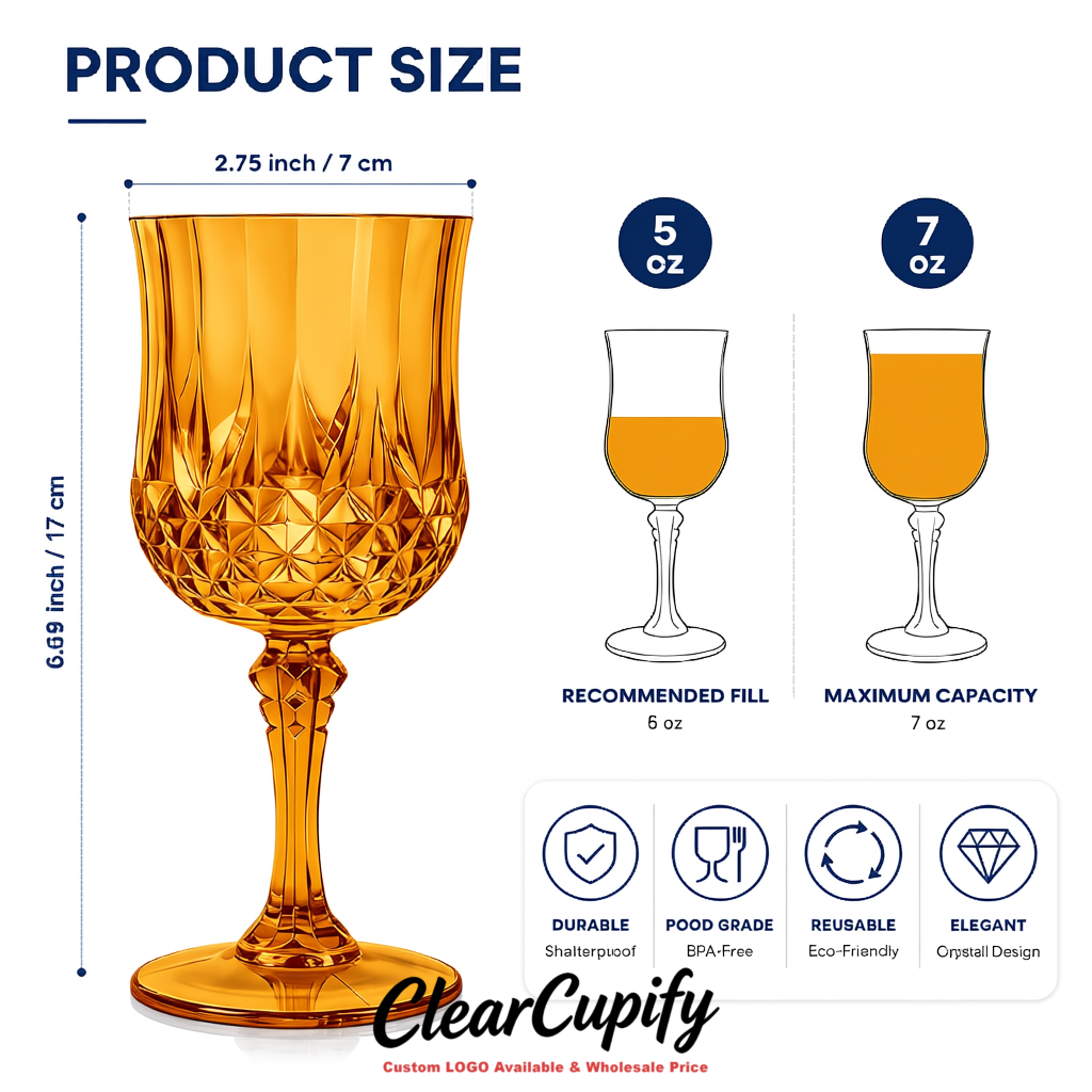 Amber 7oz Acrylic Plastic Wine Goblets - 2.7 x 6.7 inches Party & Wedding Wine Glasses