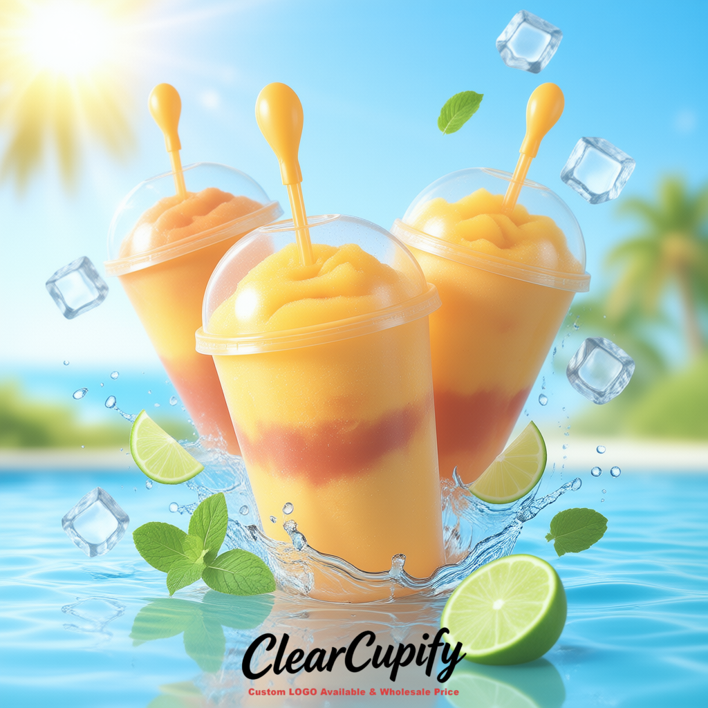 Apricot 16 oz Plastic Slushie Cups with Dome Lid & Detachable Spoon Straws for Milkshake, Boba, Smoothies, Iced Coffee