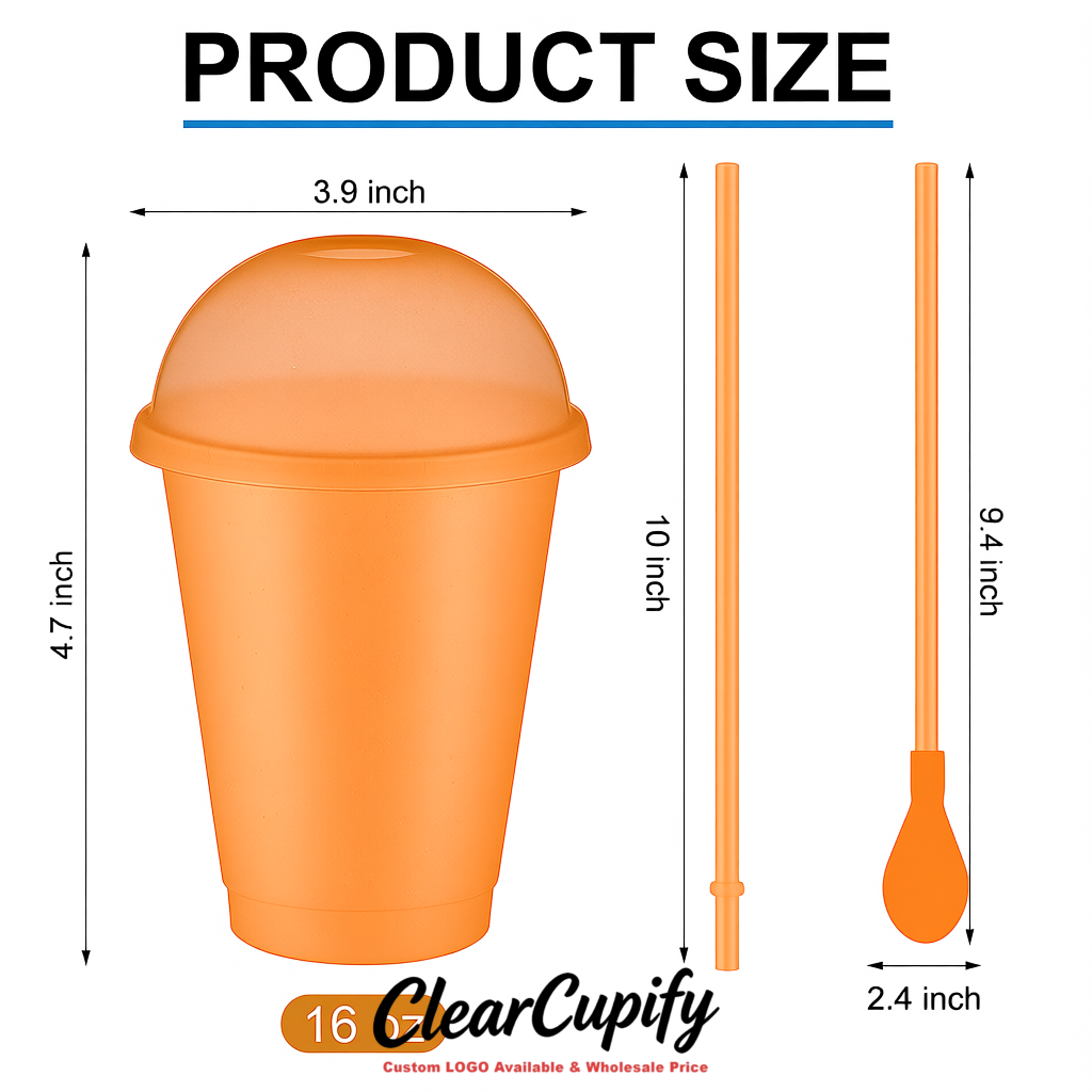 Apricot 16 oz Plastic Slushie Cups with Dome Lid & Detachable Spoon Straws for Milkshake, Boba, Smoothies, Iced Coffee