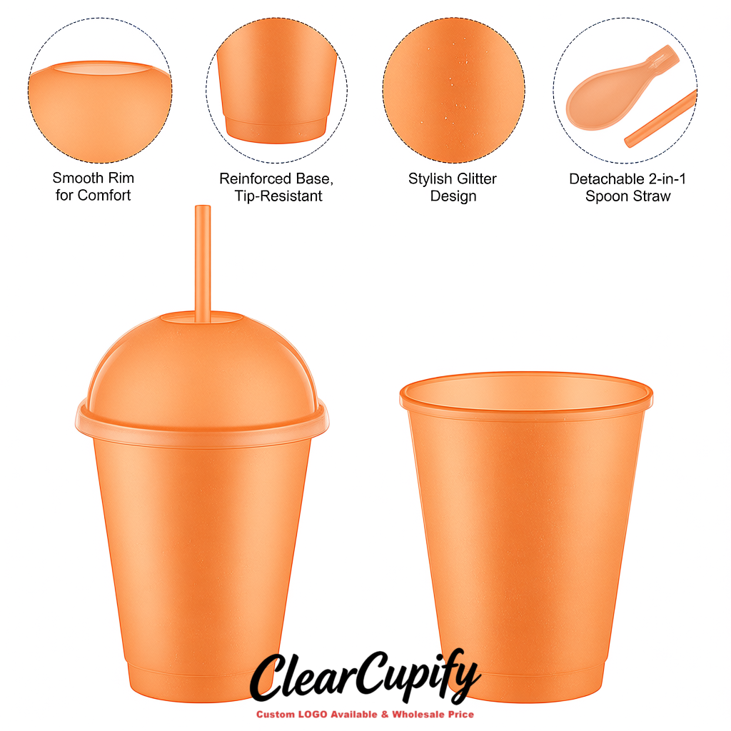 Apricot 16 oz Plastic Slushie Cups with Dome Lid & Detachable Spoon Straws for Milkshake, Boba, Smoothies, Iced Coffee