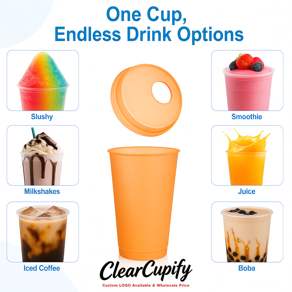 Apricot 16 oz Plastic Slushie Cups with Dome Lid & Detachable Spoon Straws for Milkshake, Boba, Smoothies, Iced Coffee