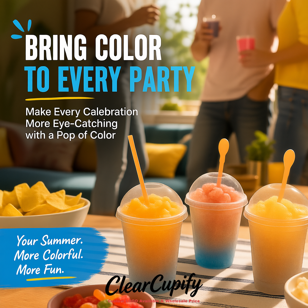 Apricot 16 oz Plastic Slushie Cups with Dome Lid & Detachable Spoon Straws for Milkshake, Boba, Smoothies, Iced Coffee