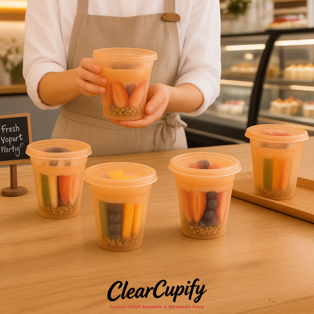 Apricot 12 oz Disposable Plastic Parfait Cups with Insert & Flat lids 3.85 x 2.1 x 4 inches