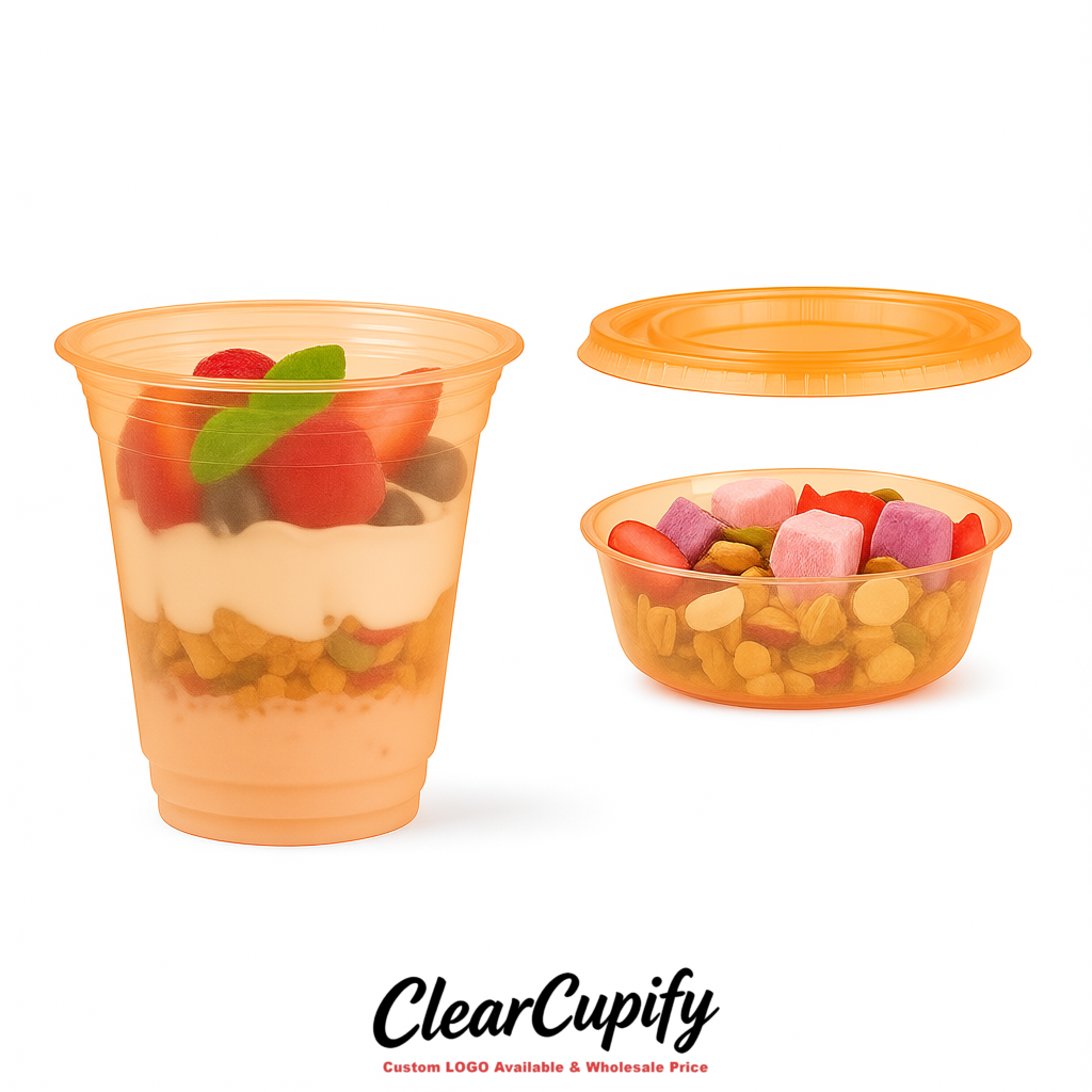 Apricot 12 oz Disposable Plastic Parfait Cups with Insert & Flat lids 3.85 x 2.1 x 4 inches