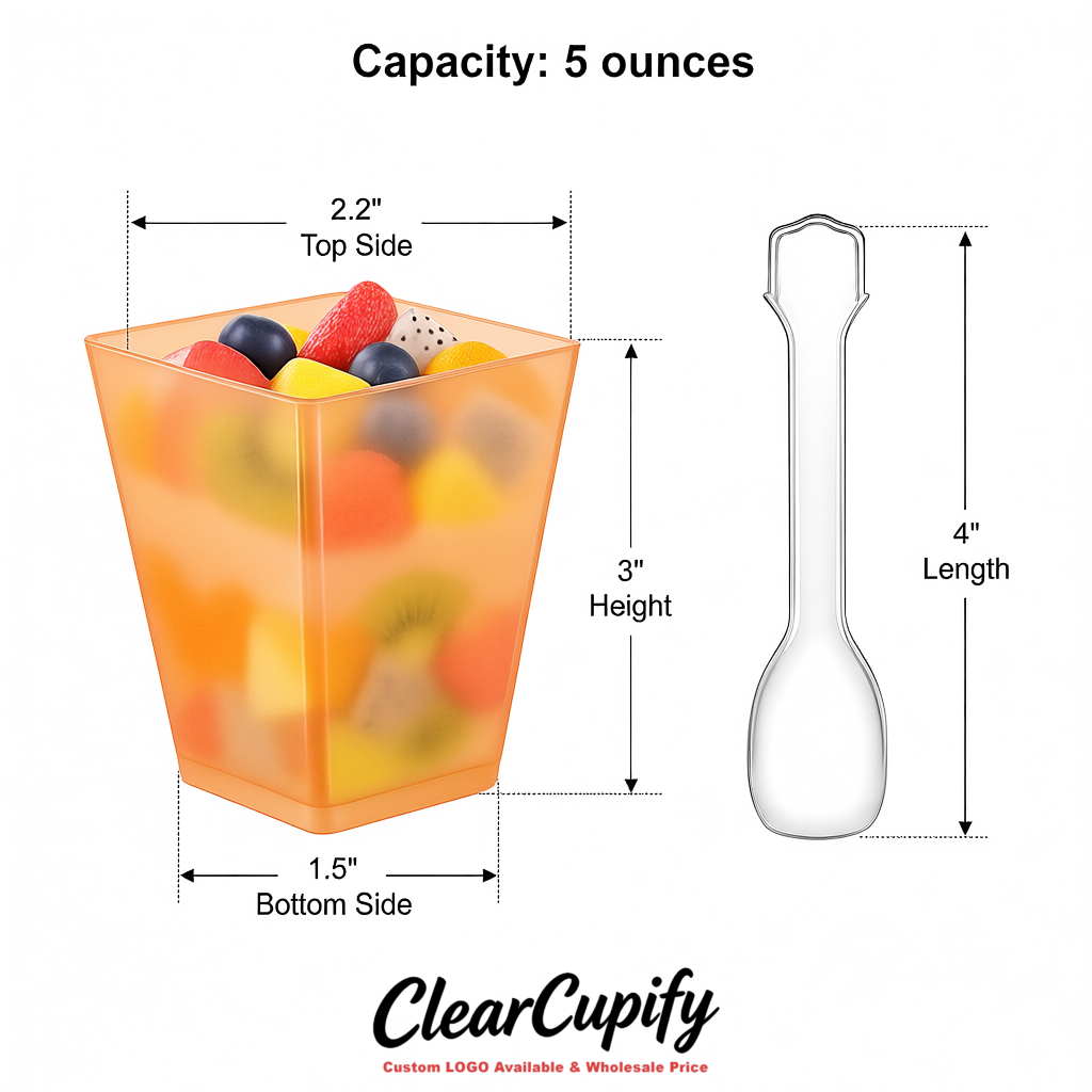 Wholesale Apricot 5 oz Square Clear Plastic Dessert Cups with Spoons for Appetizers, Puddings, Mousse, Parfait