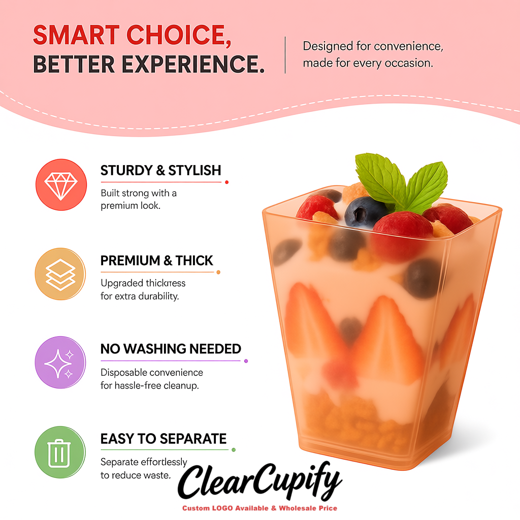 Wholesale Apricot 5 oz Square Clear Plastic Dessert Cups with Spoons for Appetizers, Puddings, Mousse, Parfait