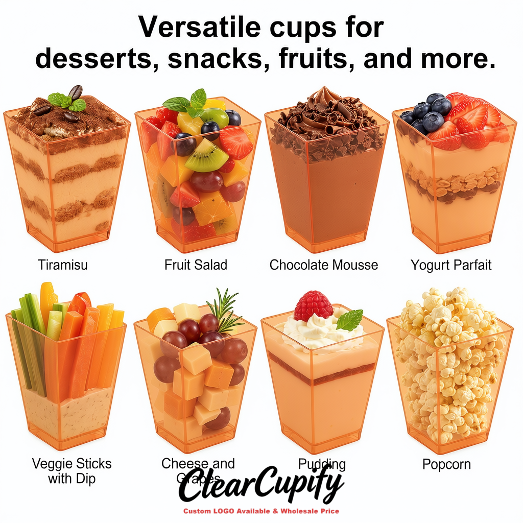 Wholesale Apricot 5 oz Square Clear Plastic Dessert Cups with Spoons for Appetizers, Puddings, Mousse, Parfait
