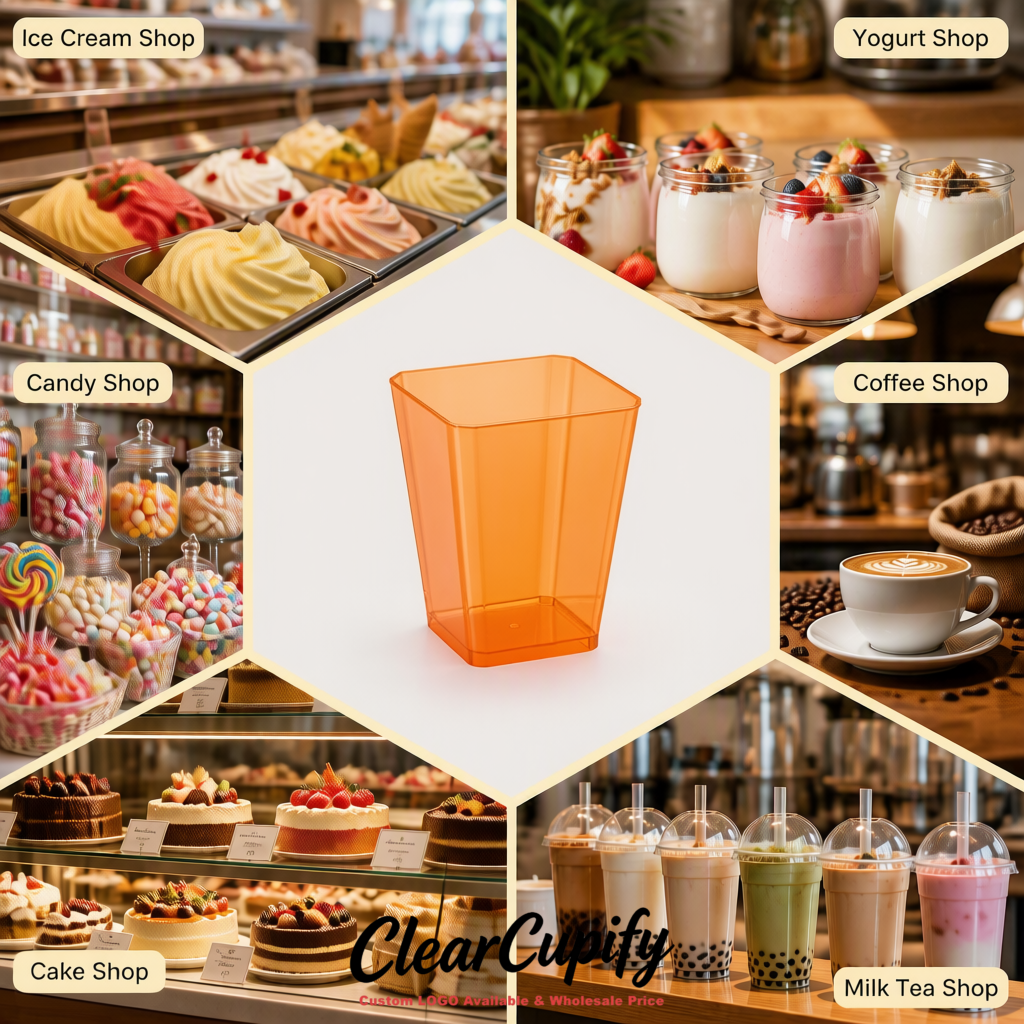 Wholesale Apricot 5 oz Square Clear Plastic Dessert Cups with Spoons for Appetizers, Puddings, Mousse, Parfait