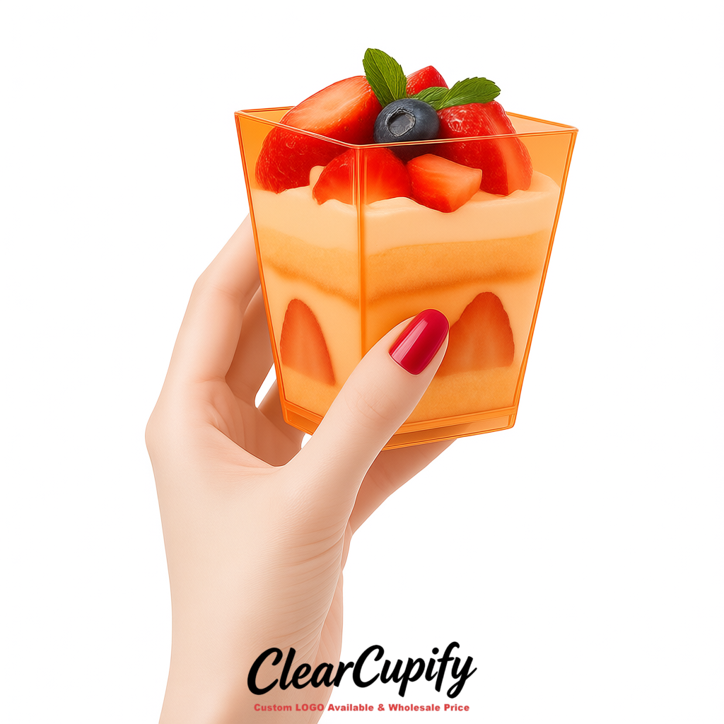 Wholesale Apricot 5 oz Square Clear Plastic Dessert Cups with Spoons for Appetizers, Puddings, Mousse, Parfait